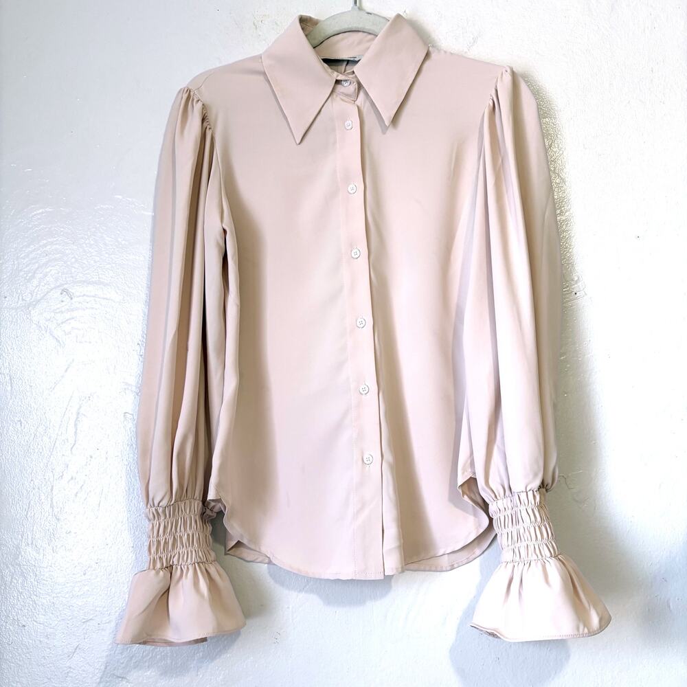 Amanda Uprichard Blush Smocked Ruffle Cuff Button Front Blouse XS